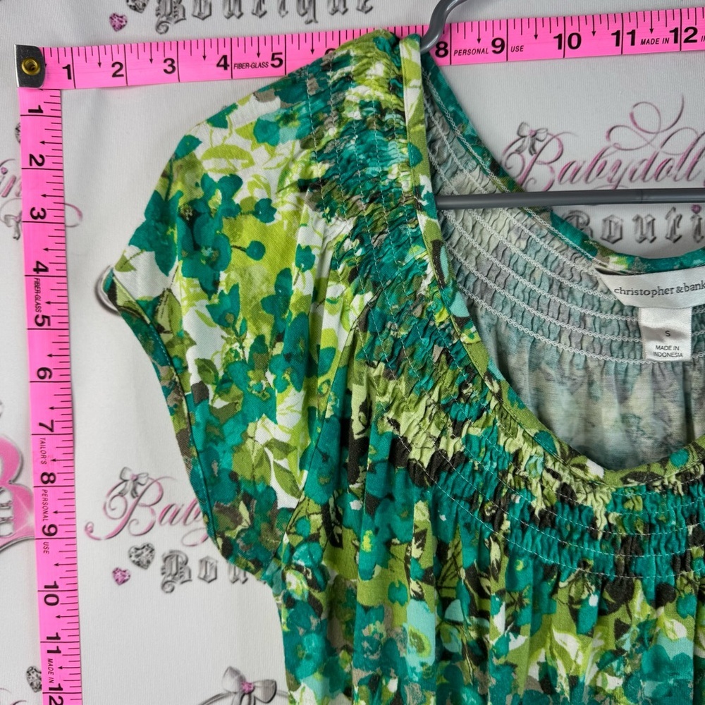 Christopher & Banks shirt top T-shirt Green Floral Ruched Scoop-Neck Tunic - Picture 6 of 11